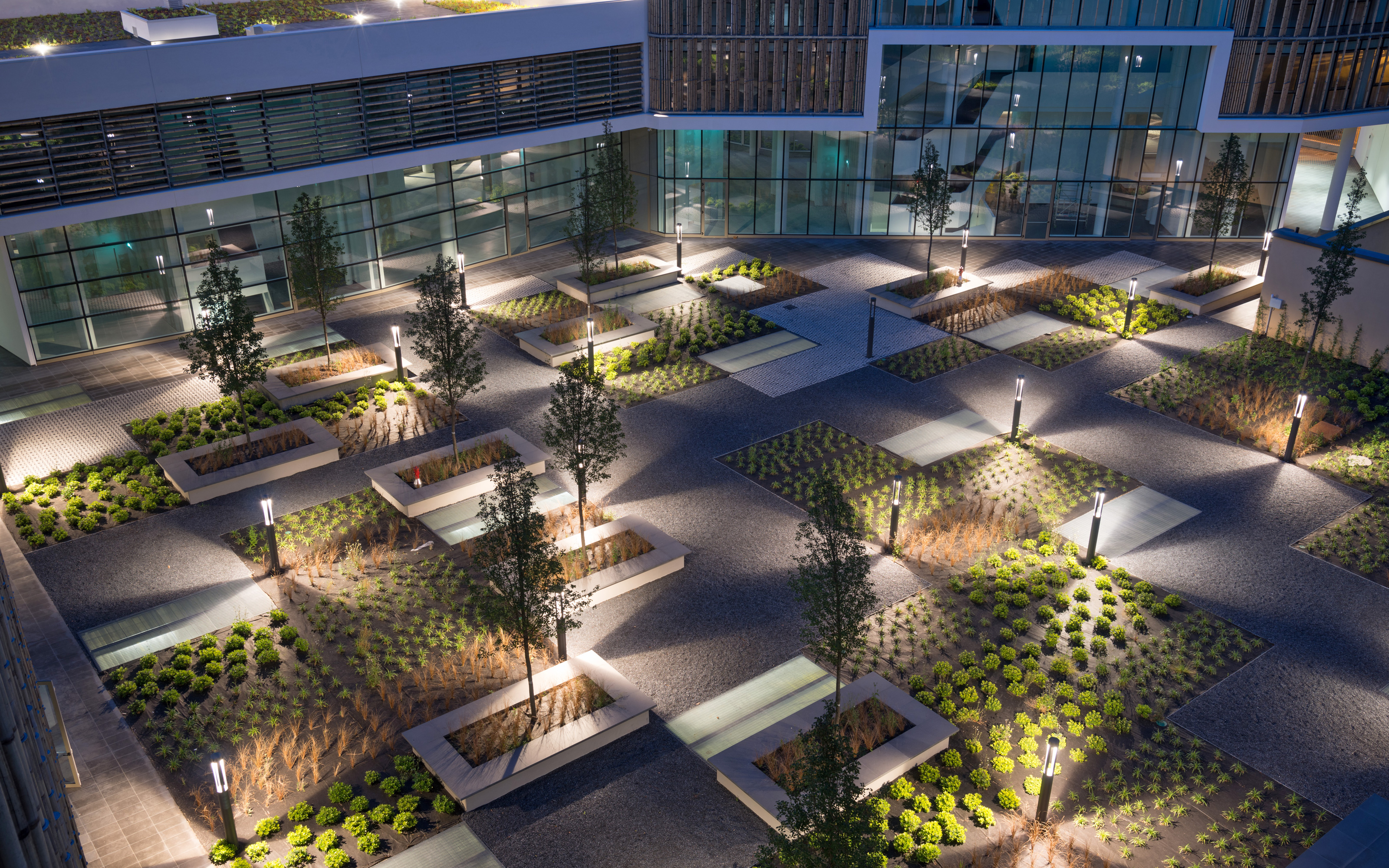 Illuminated roof garden at night